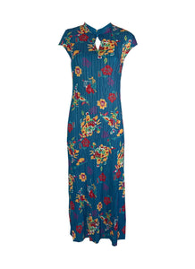 4240033 Mandarin Collar Floral Printed Pleated Dress *Black
