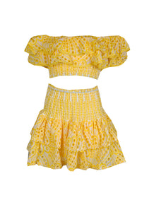 6230046 2pcs Off-Shoulder Eyelet Crop Top and Skirt Set *Yellow