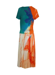 9230011 Printed Pleats Top & Skirt Set  *Orange *Last Piece