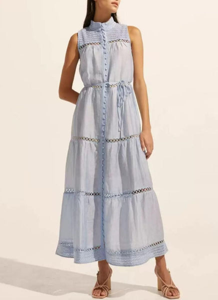 4250012 Hollow Embroidery Sleeveless Maxi Dress *Blue
