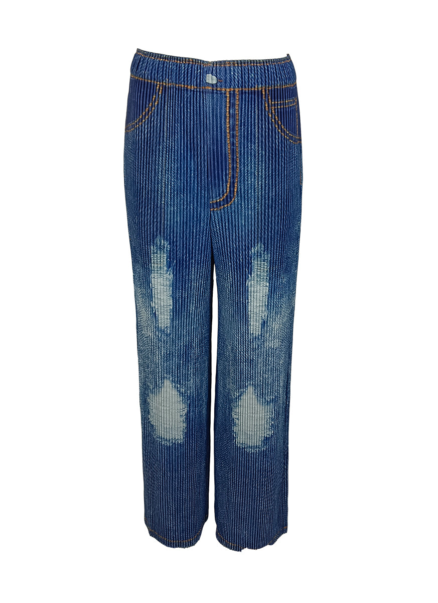 1240008 Denim Printed Flare Pleated Pants *Blue