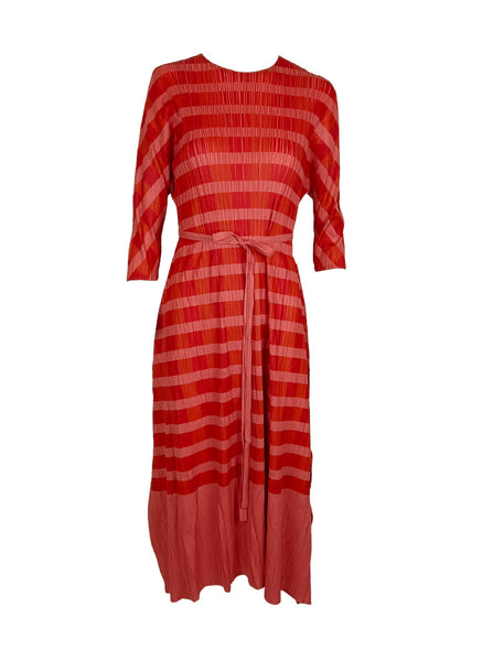 1240010 Striped Belted Pleated Dress