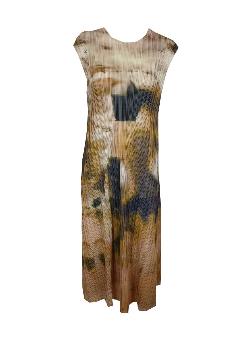 1240015 Printed A-Line Pleats Dress *Brown