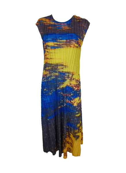 1240015 Printed A-Line Pleats Dress *Yellow *Last Piece