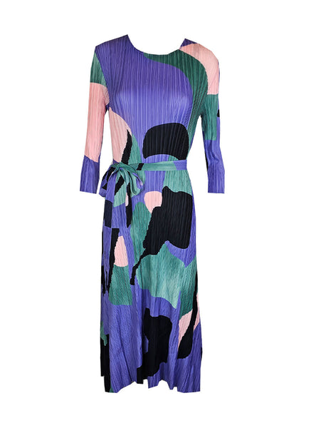 1240030 Printed Pleats Belted Dress *Purple