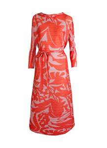 1240040 Printed Belted Pleats Dress *Orange *Last Piece