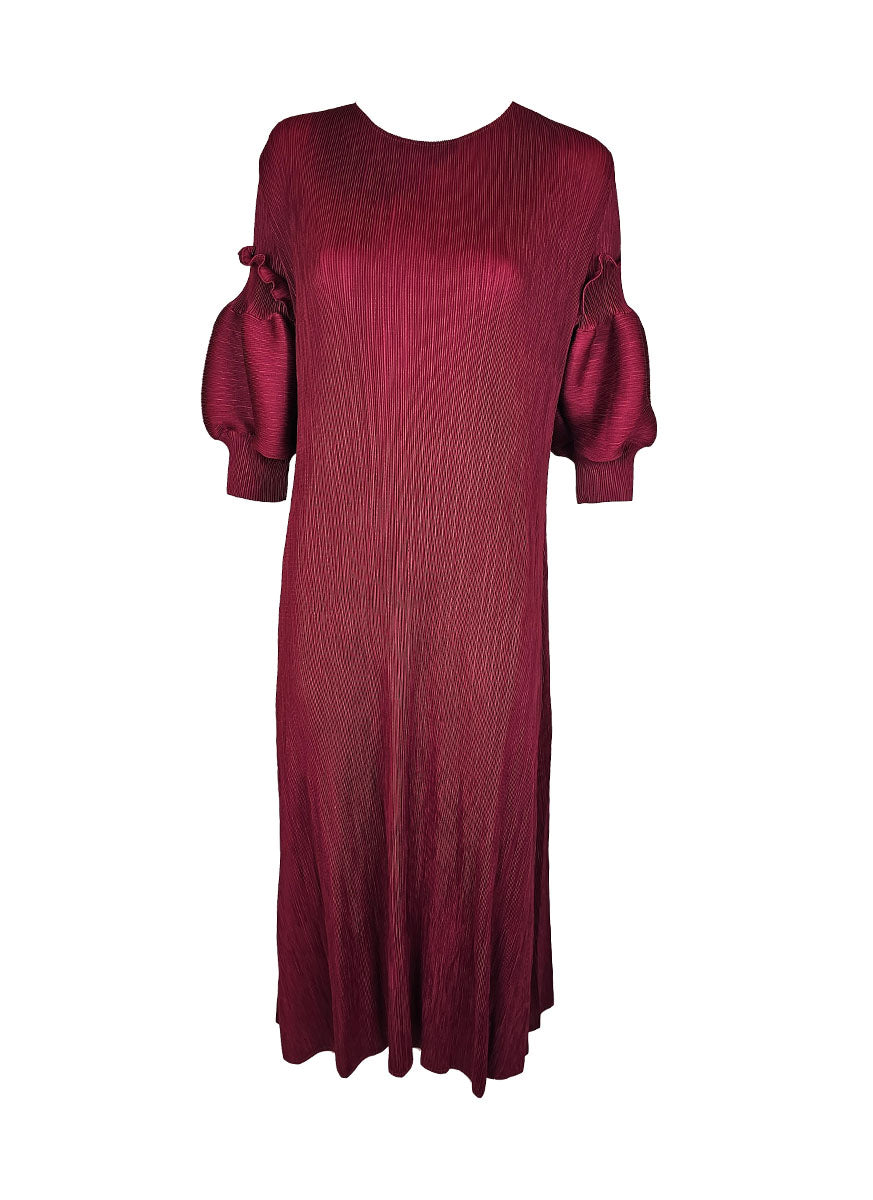 1240041 Puffy Sleeve Pleated Dress *Maroon