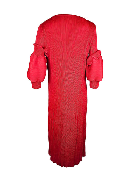 1240041 Puffy Sleeve Pleated Dress *Red