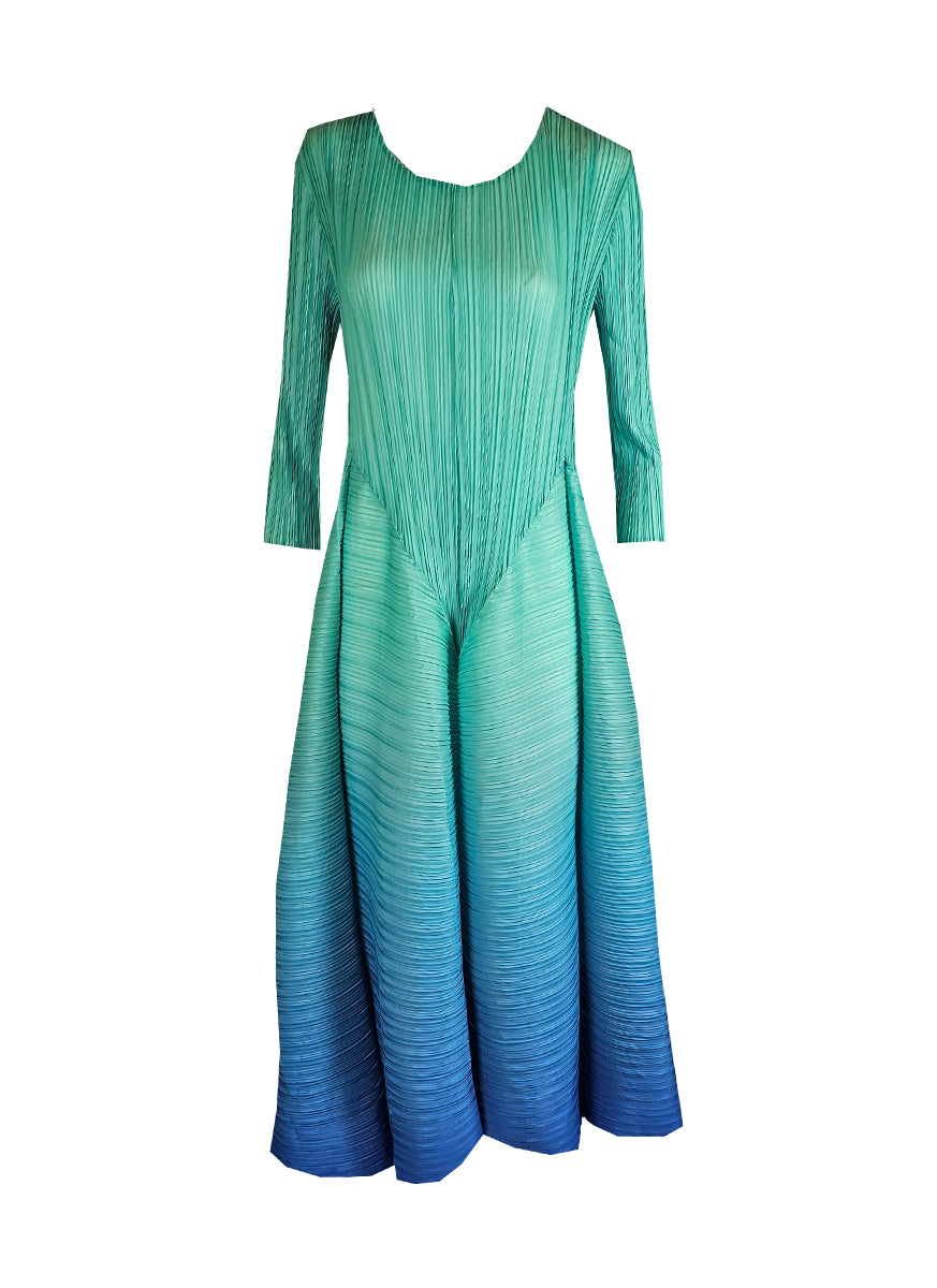 1240043 Tie Dye Pleated Flare Dress *Green
