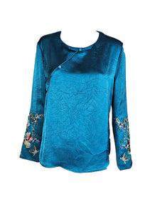 1240074 Embroidered Sleeve Silk Blouse *Blue