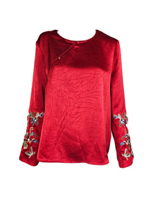 1240074 Embroidered Sleeve Silk Blouse *Red