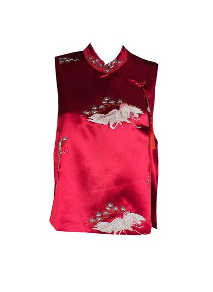 1240076 Bird Embroidered Silk Top *Red