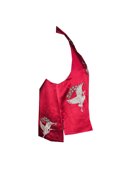 1240076 Bird Embroidered Silk Top *Red
