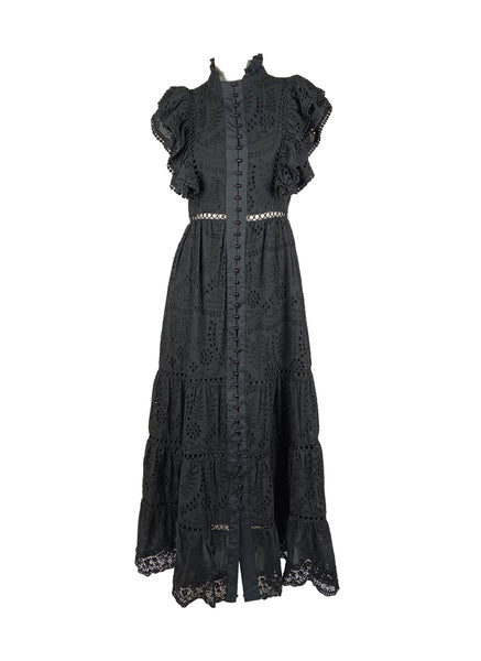 1250005 Stand Collar Hollow Embroidery Sleeveless Ruffles Dress *Black