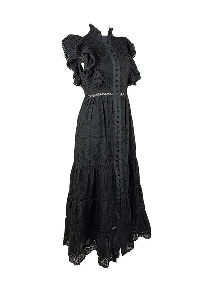 1250005 Stand Collar Hollow Embroidery Sleeveless Ruffles Dress *Black