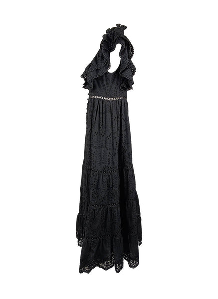 1250005 Stand Collar Hollow Embroidery Sleeveless Ruffles Dress *Black