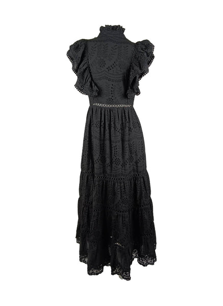 1250005 Stand Collar Hollow Embroidery Sleeveless Ruffles Dress *Black