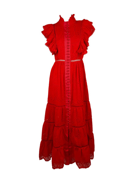 1250005 Stand Collar Hollow Embroidery Sleeveless Ruffles Dress *Red