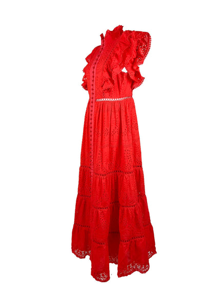 1250005 Stand Collar Hollow Embroidery Sleeveless Ruffles Dress *Red