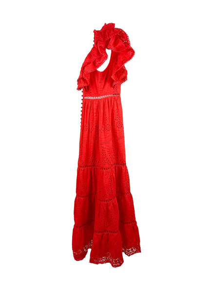 1250005 Stand Collar Hollow Embroidery Sleeveless Ruffles Dress *Red