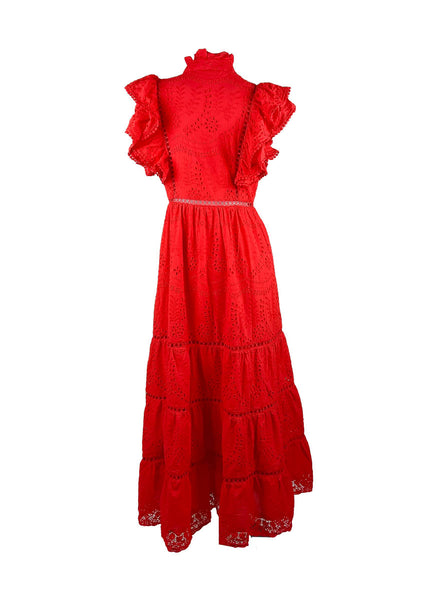 1250005 Stand Collar Hollow Embroidery Sleeveless Ruffles Dress *Red