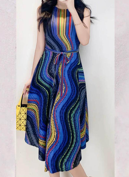 1250023 Printed Pleats Waist Tie Sleeveless Dress