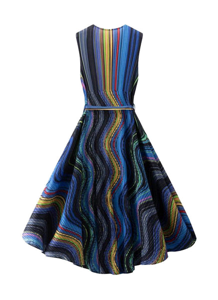 1250023 Printed Pleats Waist Tie Sleeveless Dress