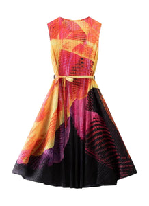 1250024 Printed Pleats Waist Tie Sleeveless Dress