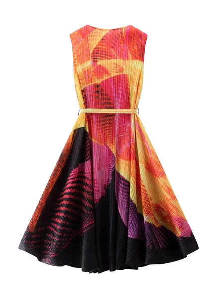 1250024 Printed Pleats Waist Tie Sleeveless Dress