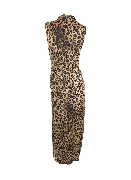 1250028 Leopard Printed Mandarin Collar Sleeveless Dress