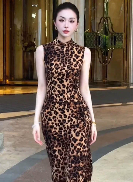 1250028 Leopard Printed Mandarin Collar Sleeveless Dress