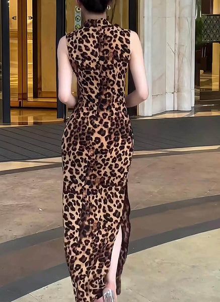 1250028 Leopard Printed Mandarin Collar Sleeveless Dress