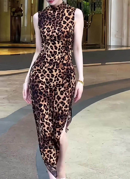 1250028 Leopard Printed Mandarin Collar Sleeveless Dress