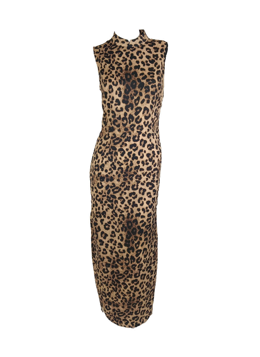 1250028 Leopard Printed Mandarin Collar Sleeveless Dress