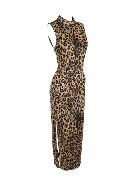 1250028 Leopard Printed Mandarin Collar Sleeveless Dress