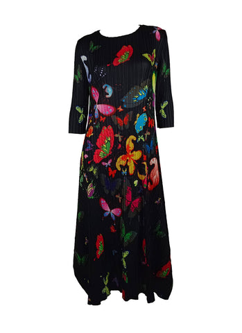 1250033 Butterfly Print Long Sleeve Pleated Dress *Preorder