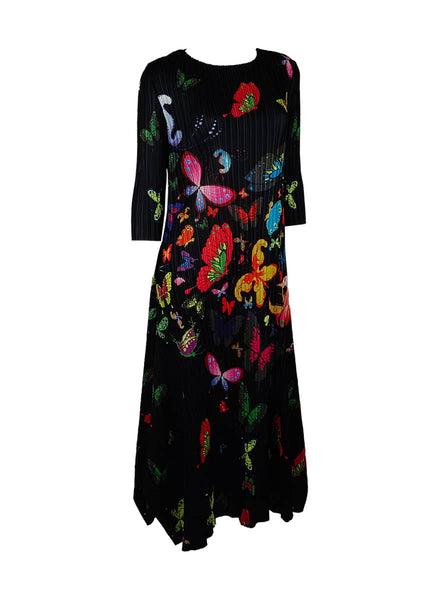 1250033 Butterfly Print Long Sleeve Pleated Dress *Preorder