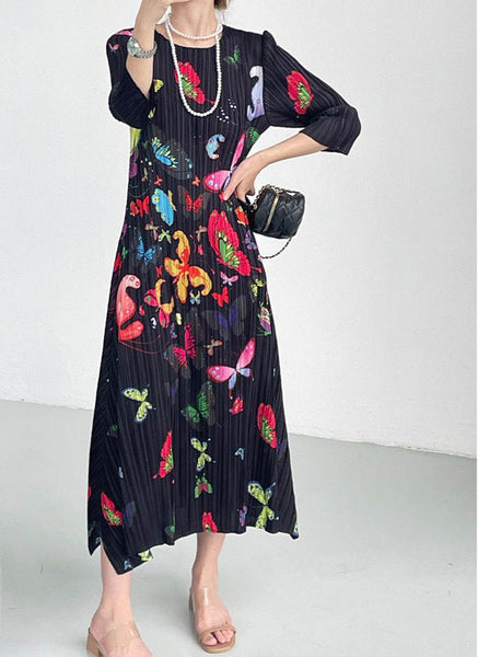 1250033 Butterfly Print Long Sleeve Pleated Dress *Preorder