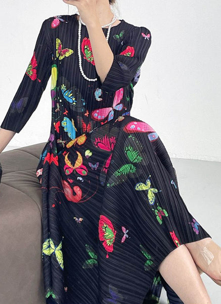 1250033 Butterfly Print Long Sleeve Pleated Dress *Preorder