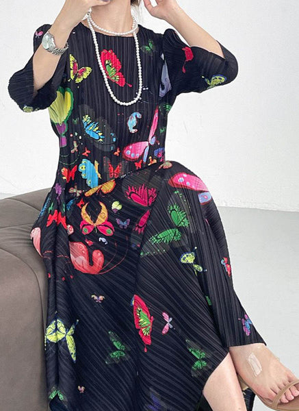 1250033 Butterfly Print Long Sleeve Pleated Dress *Preorder