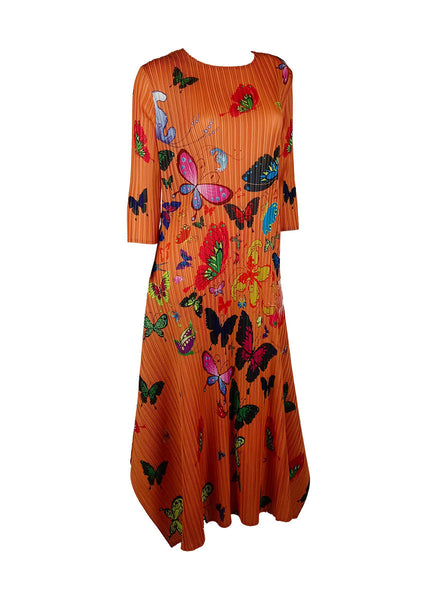 1250033 Butterfly Print Long Sleeve Pleated Dress *Last Piece