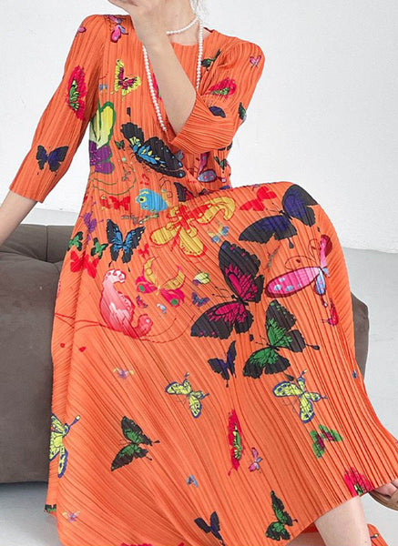 1250033 Butterfly Print Long Sleeve Pleated Dress *Last Piece