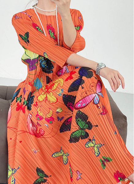 1250033 Butterfly Print Long Sleeve Pleated Dress *Last Piece