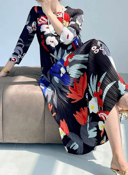 1250035 Printed Long Sleeve Pleats Dress *Last Piece