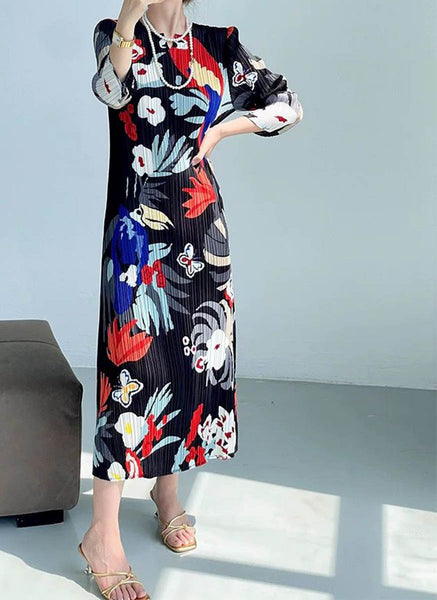 1250035 Printed Long Sleeve Pleats Dress *Last Piece