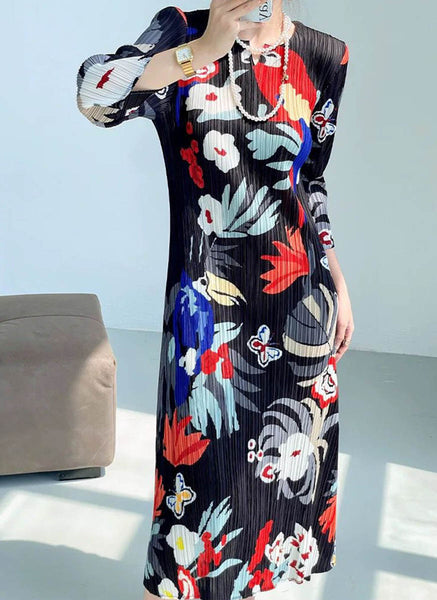 1250035 Printed Long Sleeve Pleats Dress *Last Piece