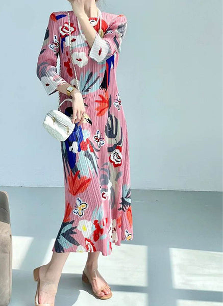 1250035 Printed Long Sleeve Pleats Dress *Pink