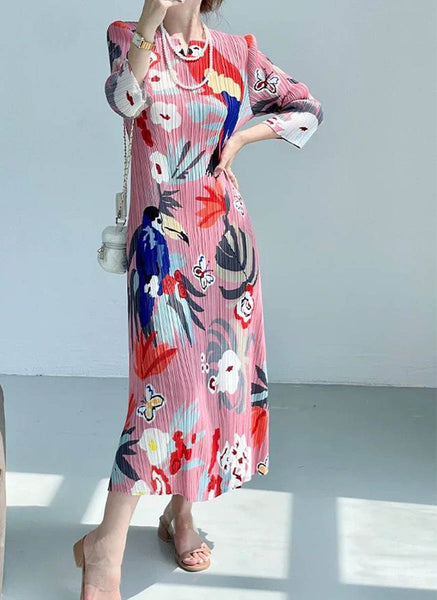 1250035 Printed Long Sleeve Pleats Dress *Pink