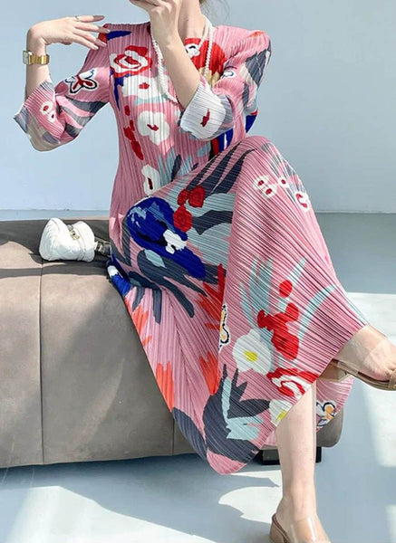 1250035 Printed Long Sleeve Pleats Dress *Pink