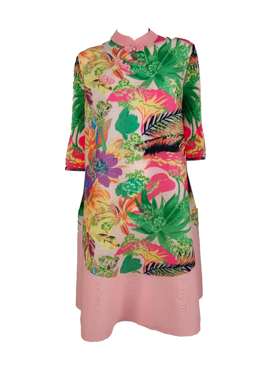 1250036 Printed Long Sleeve Pleats Dress